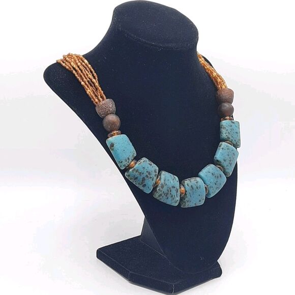 Chunky Bohemian Turquoise Amber Resin Square Beaded Statement Necklace 22" XLNT - Picture 2 of 5